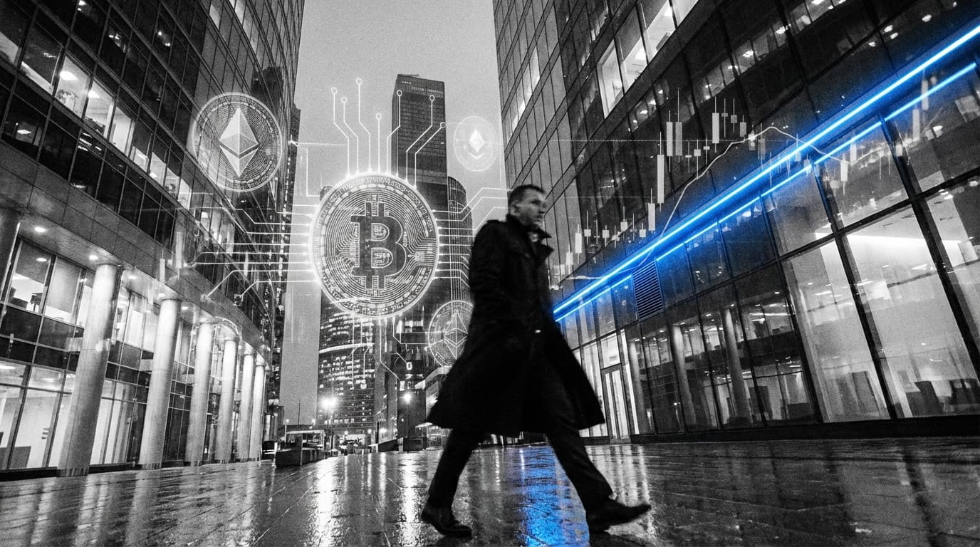 Geschäftsmann in Finanzdistrikt mit Krypto-Symbolen - 5 beste Länder für steuerfreies Krypto