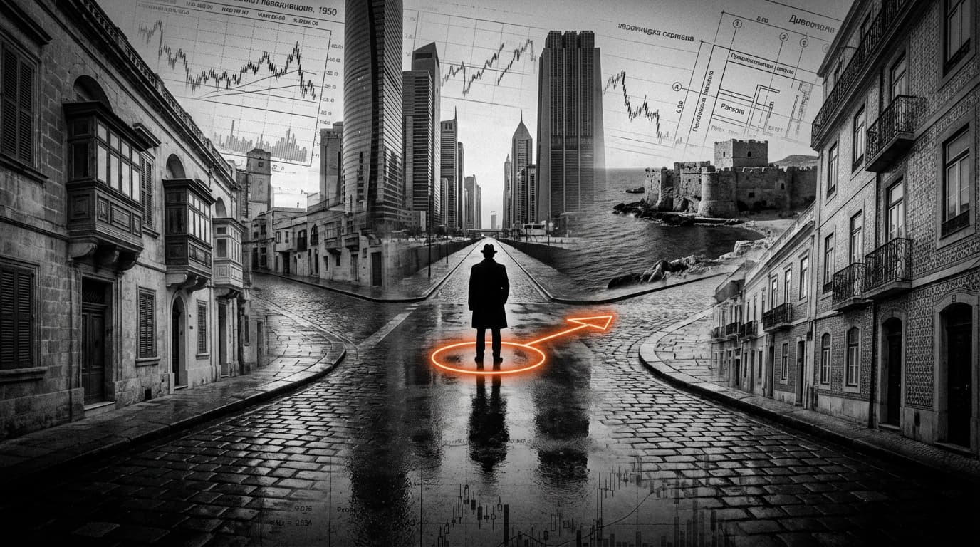 Geschäftsmann an Kreuzung mit vier Wegen - Malta vs Dubai vs Zypern vs Portugal Steuervergleich